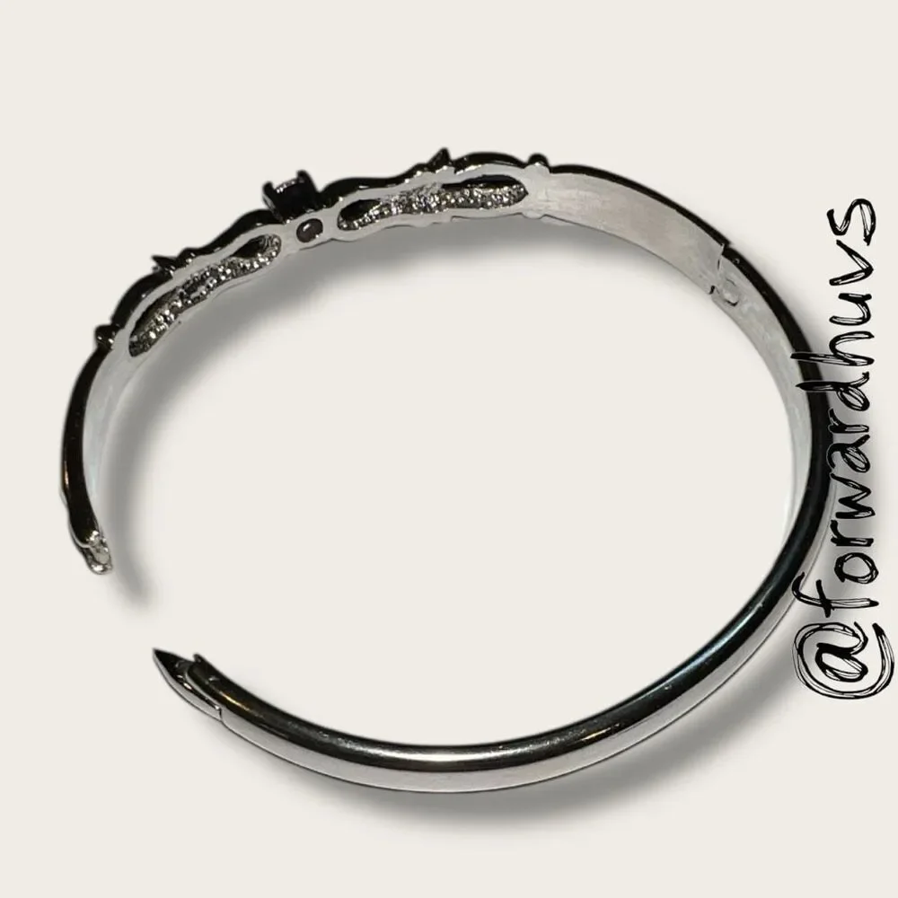 Silver-Plated Hinged Bracelet – Pink Cubic Zirconia - Ornate Center Pattern